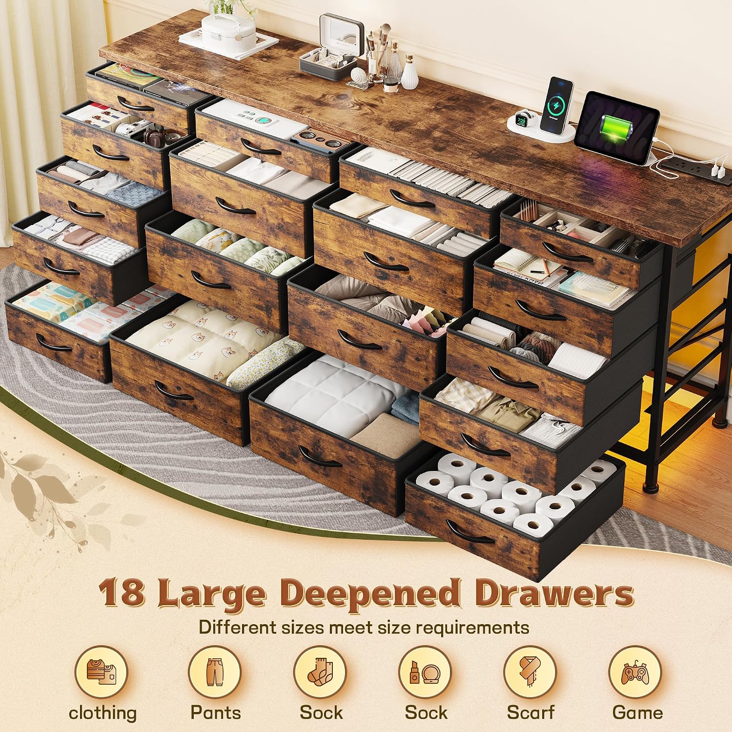 63'W TV Stand for Bedroom with LED Light & Power Outlets, Long Dresser with 18 Deep Drawers for 65 70 75 inch TV, Fabric Dresser TV Stands for Living Room Entryway Hallway Closet, Rustic Brown