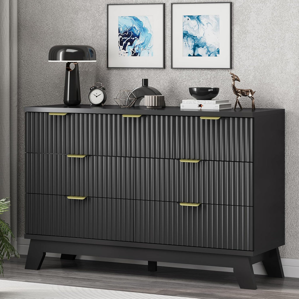 Xixini Fluted Dresser for Bedroom with 7 Drawers, 48' Wide Chest of Drawers with Metal Handle, Modern Wood Dresser TV Stand, Wooden Closet Clothes Storage Organizer for Living Room, Hallway, Black