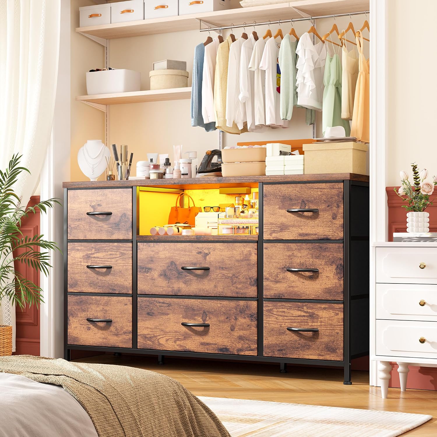Dresser for Bedroom with LED Lights & Charging Station, Dresser TV Stand for Bedroom with 8 Drawer for 55 inch TV, Fabric Dressers & Chests of Drawers with Shelves for Hallway Entryway, Rustic Brown
