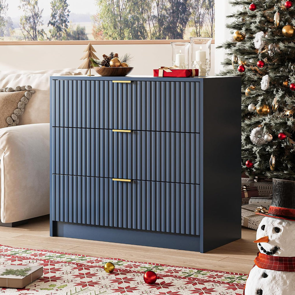 MAISONARIA Fluted Dresser for Bedroom, 32 Inch Wide Nightstand with Large Drawer, 3 Drawer End Table for Bedroom, Living Rooms, Offices, and Entryways, Navy Blue