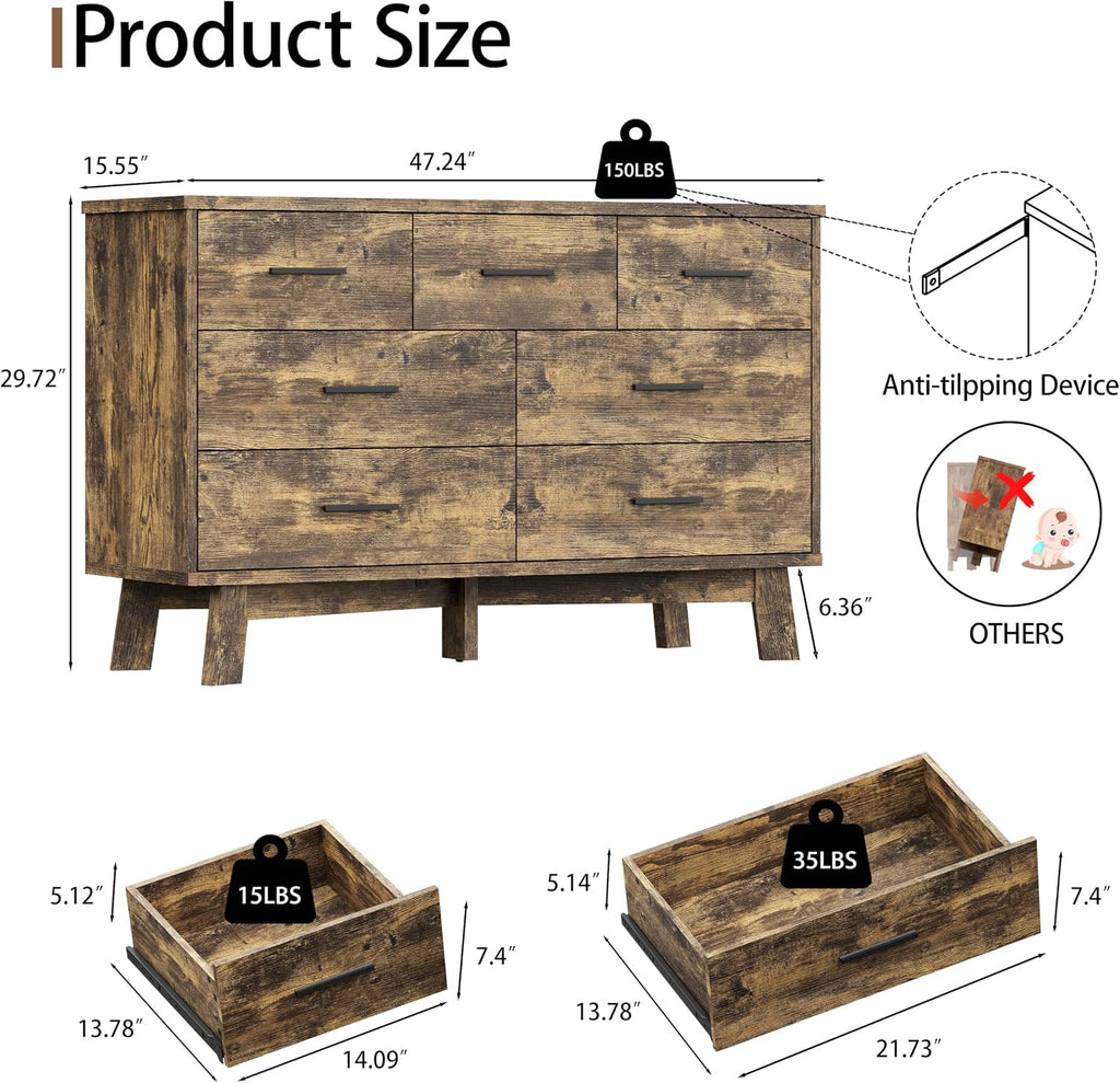 Xixini Dresser for Bedroom with 7 Drawer, Wood Modern Chest of Drawers with X-Shaped Sturdy Base, Wide Double Dresser Closet Clothes Storage Organizer, Wooden TV Stand for Living Room, Hallway, Brown