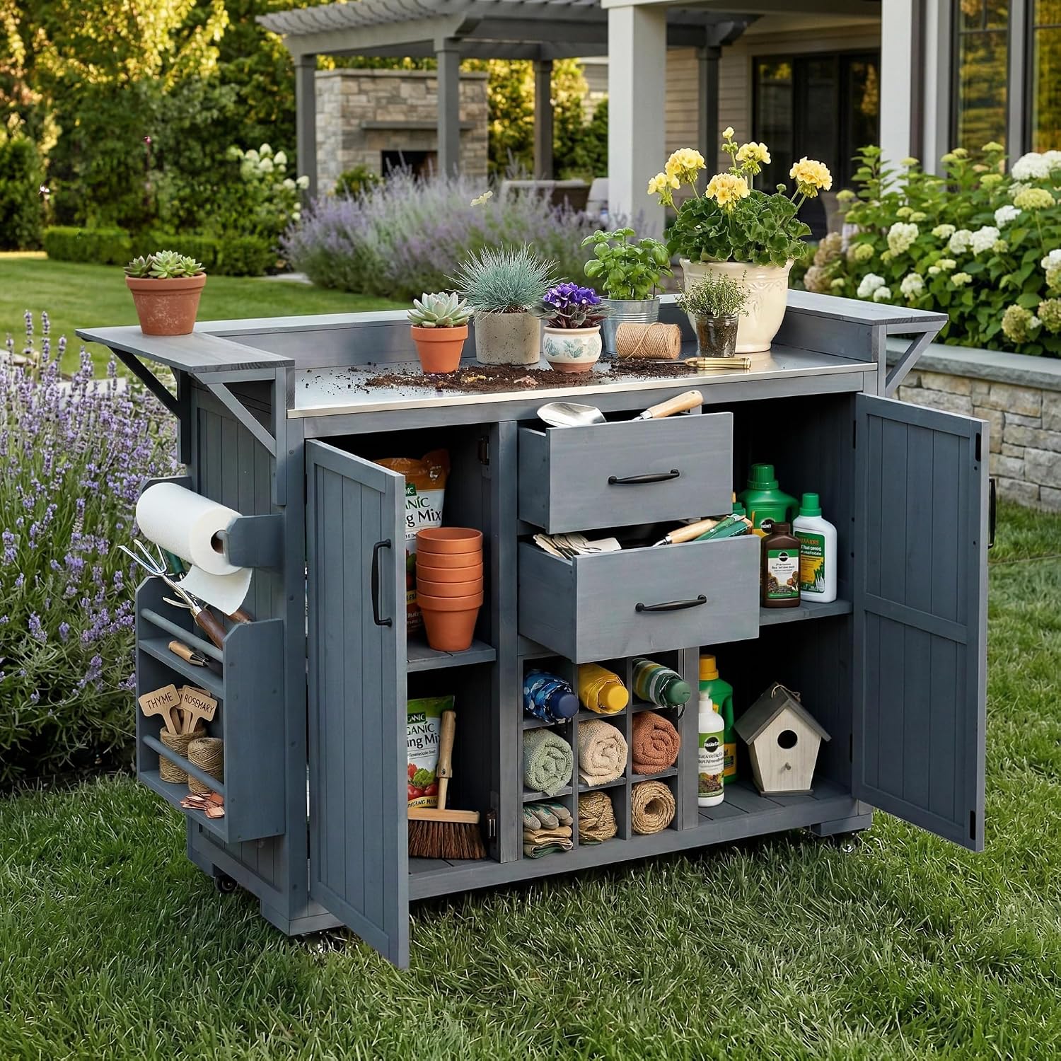 Modern 60.2''W Outdoor Kitchen Island with Wheels, Rolling Patio BBQ Kitchen Cart with Stainless Steel Top, Wood Grill Cart with Spice Rack&Wine Rack,2 Drawers (Gray-60.2'')