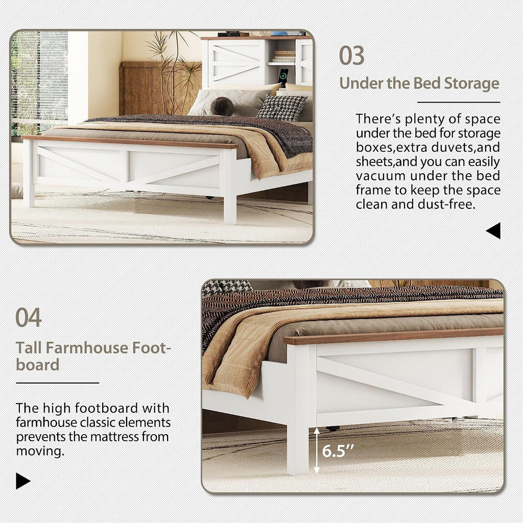 3 s Bedroom Sets Full Size Platform Bed with Double Sliding Door Storage Headboard and Charging Station, Storage Nightstand and Dresser, White+Brown
