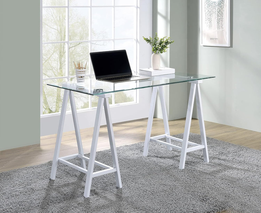 OSP Home Furnishings Middleton 47 Inch Desk with Clear Beveled Glass Top, White Base