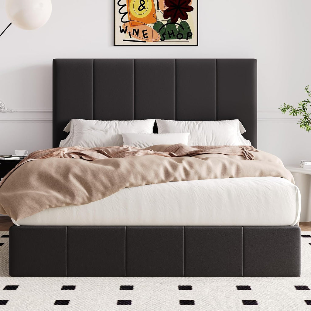 Allewie Full Size Velvet Lift Up Storage Bed Frame, Vertical Channel Tufted Headboard, Hydrualic Underneath Storage, Upholstered Platform Bed, Wooden Slats Support, No Box Spring Needed, Black