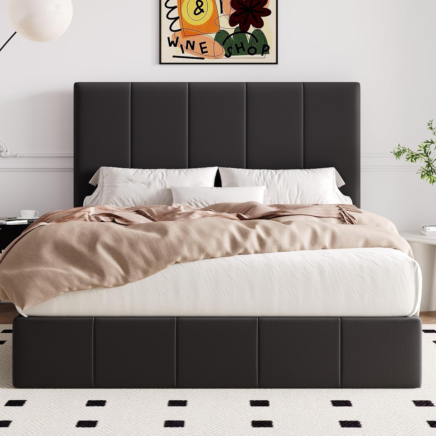 Allewie Full Size Velvet Lift Up Storage Bed Frame, Vertical Channel Tufted Headboard, Hydrualic Underneath Storage, Upholstered Platform Bed, Wooden Slats Support, No Box Spring Needed, Black