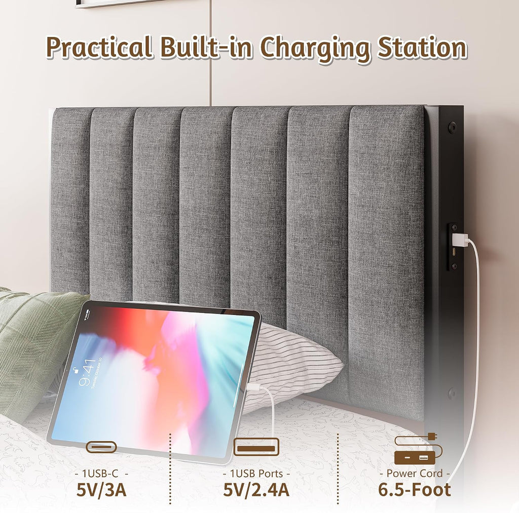 Floating Twin Bed Frame with LED Lights & USB Charging Station,Metal Platform Bed with Strong Slats Support,Floating Bed Frame Twin Size with Upholstered Headboard,Easy Assembly,Noise Free,Gray
