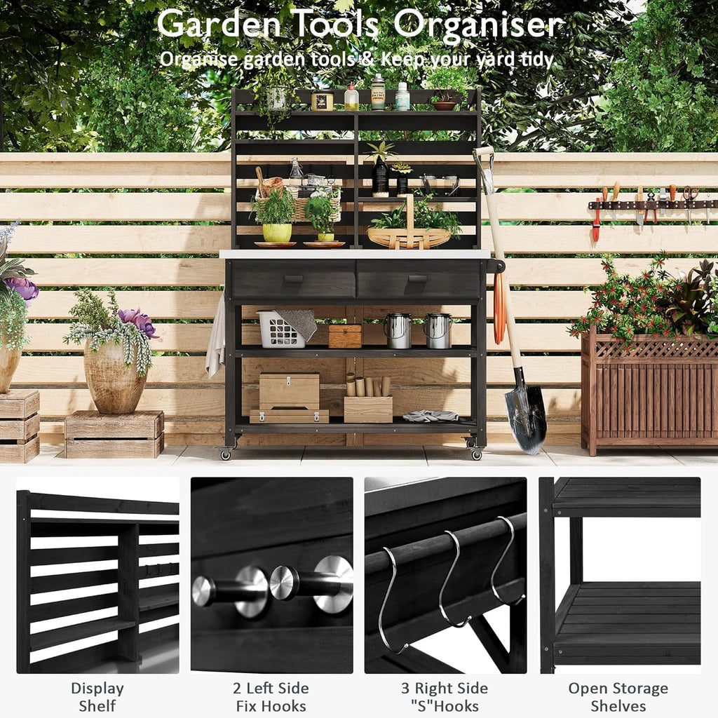 SOFTSEA Outdoor Grill Cart with Stainless Steel Top, Potting Table & Storage Cabinet with Upper Hutch and Towel Rack, 64.9' H Solid Wood Kitchen Island with Lockable Wheels, Black