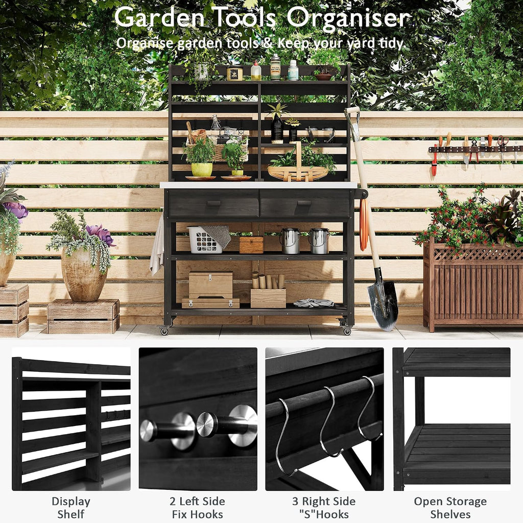 64.9' H Outdoor Potting Bench Table with Lockable Wheels, Solid Wood Outdoor Kitchen Island with Upper Hutch, Stainless Steel Top, Towel Rack,Outdoor Storage for Grilling, Lawn G Black