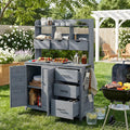 65' H Garden Potting Bench with Storage Drawers and Bottom Cabinet, Multi-Functional Outdoor Patio Kitchen Island with Shelf and Side Hooks, Large Countertop for Gardening, Grill, Gray