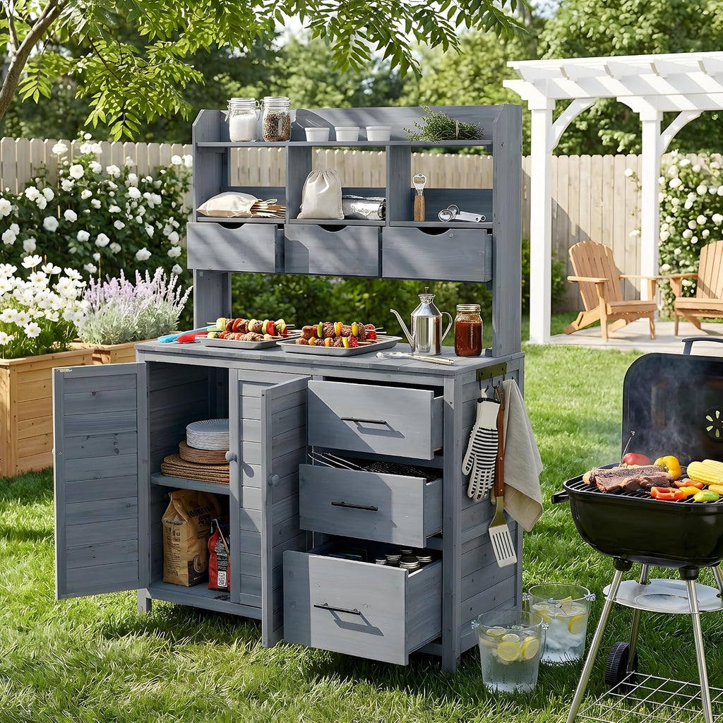 Farmhouse Patio Potting Bench,Large Freestanding Garden Workstation with 6 Drawers, Bottom Storage and Side Hook,Outdoor Kitchen Island (Gray-s)