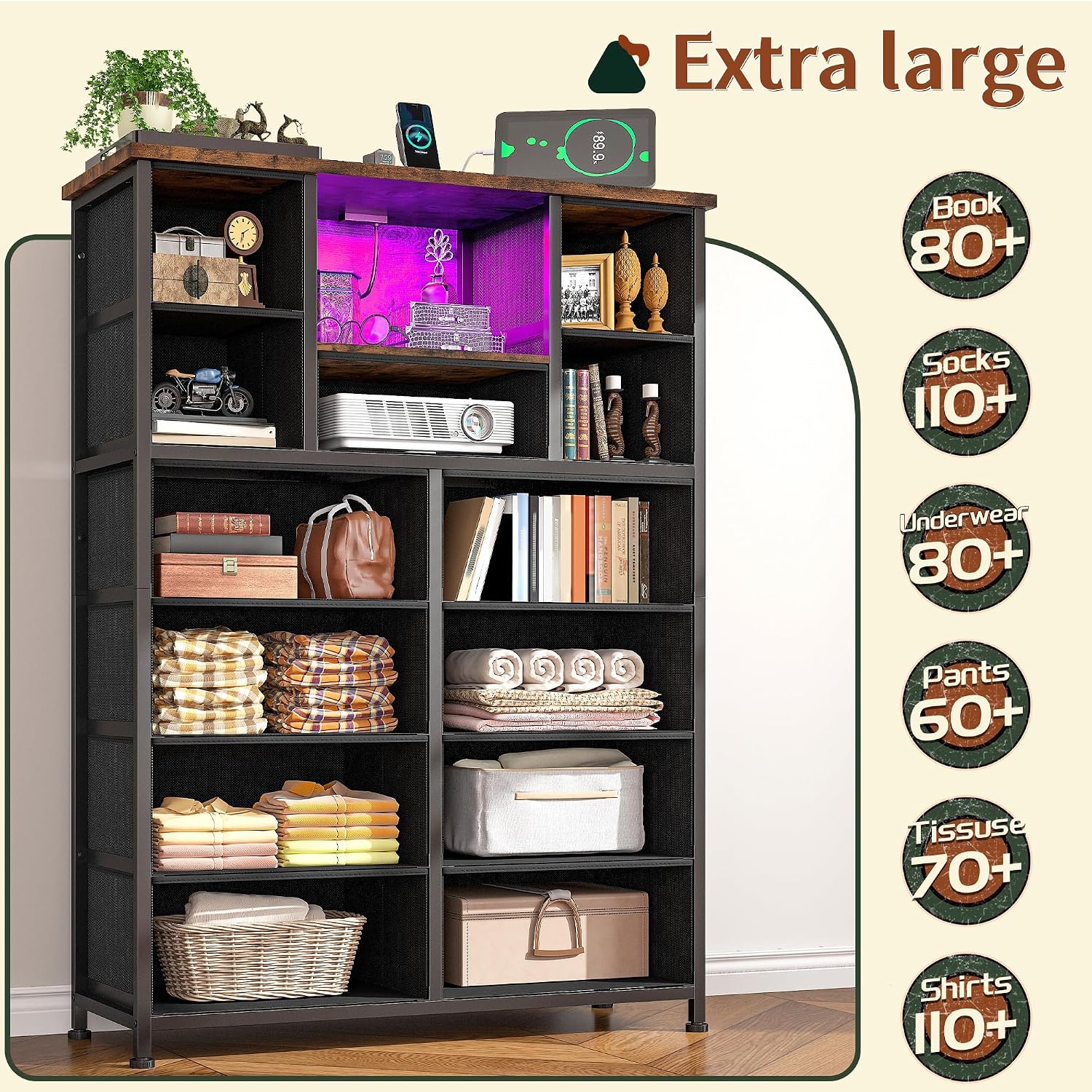 Romorgniz Dresser for Bedroom with 13 Fabric Drawers, Dressers with LED & 4 Charging Ports, 47''H Chest of Drawers with Open Storage Shelves for Hallway, Entryway, Rustic Brown