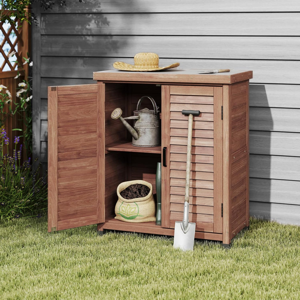 Potting Bench with Storage Cabinet and Metal Table Top for Outdoor Patio, GFurniture Wood Workstation Coffee 31.5x17x36''
