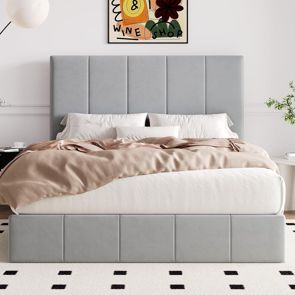 Allewie Full Size Velvet Lift Up Storage Bed Frame, Vertical Channel Tufted Headboard, Hydrualic Underneath Storage, Upholstered Platform Bed, Wooden Slats Support, No Box Spring Needed, Gray