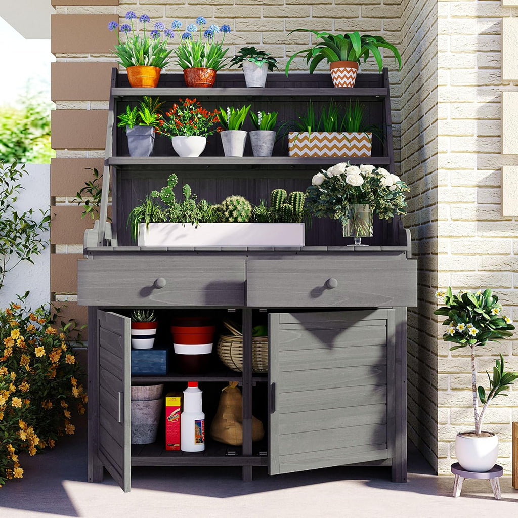 65' Potting Bench with Storage, Fir Wood Outdoor Garden Work Table with Drawer, Cabinet Shelf, Wooden Gardening Planting Table, Outdoor Plant Stand for Patio, Lawn Garden (Gray)