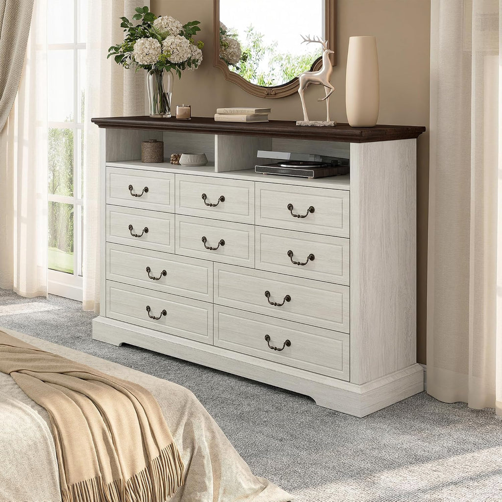 EnHomee 10 Drawers Dresser for Bedroom 55.2''Wide Wood Dresser White with LED & Power Outlet Large Space Saver & Chests of Drawers for Hallway, 55.2' W x 39.4' H x15.8 D
