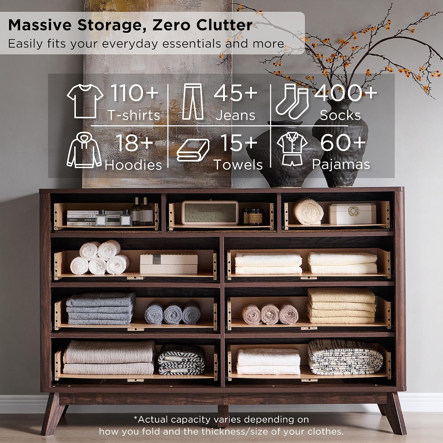 T4TREAM Fluted 9 Drawers Dresser, 54' Wide Modern Chest of Drawers, Curved Profile Design, Dresser TV Stand, Wood Drawer Organizer for Bedroom, Living Room, Hallway, Dark Walnut