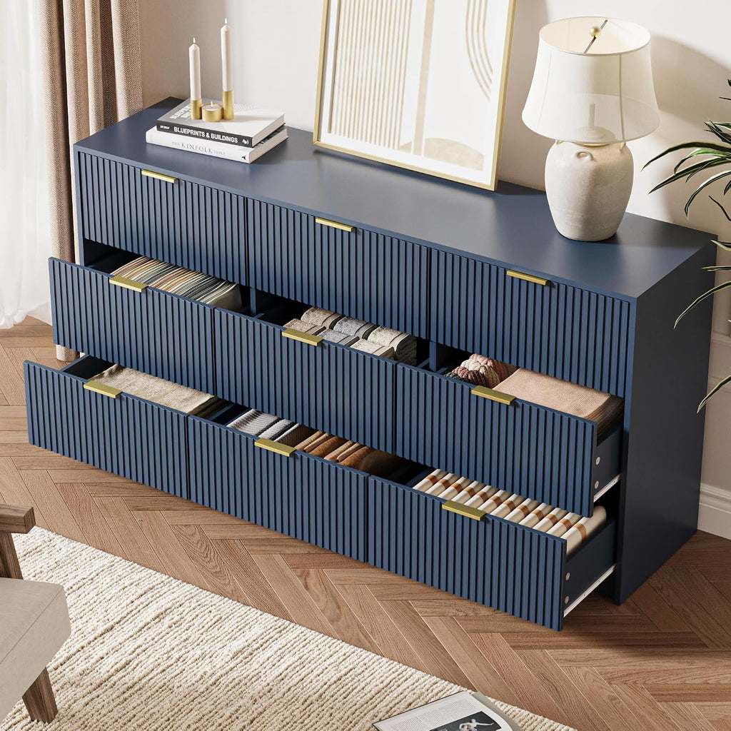 MAISONARIA Navy 9 Drawer Dresser for Bedroom, 63' Wide Modern Fluted Dresser with Gold Metal Handles, Chest of Drawers for Bedroom, Living Room, Entryway, Hallway