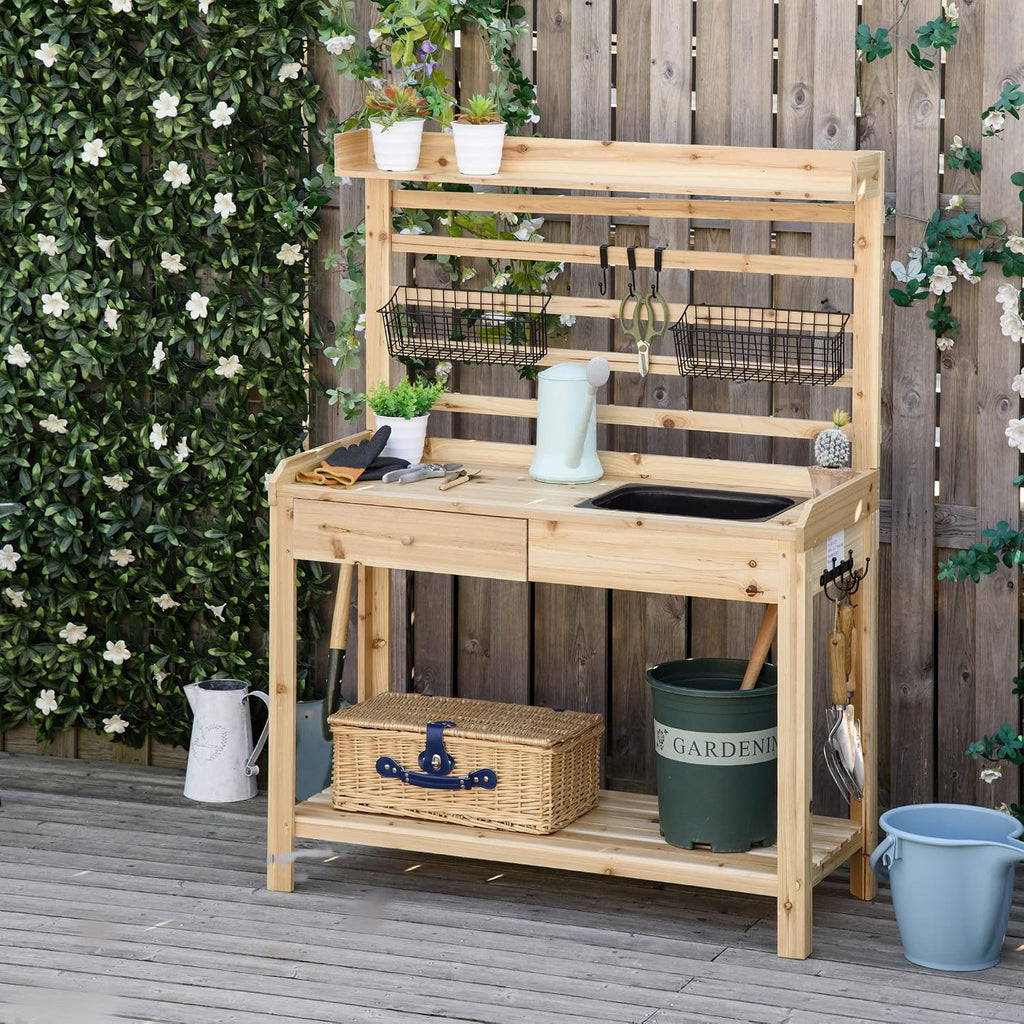 GOWE Potting Bench Table, Garden Work Bench, Workstation with Metal Sieve Screen, Removable Sink, Additional Hooks and Baskets for Patio, Courtyards, Balcony, Natural