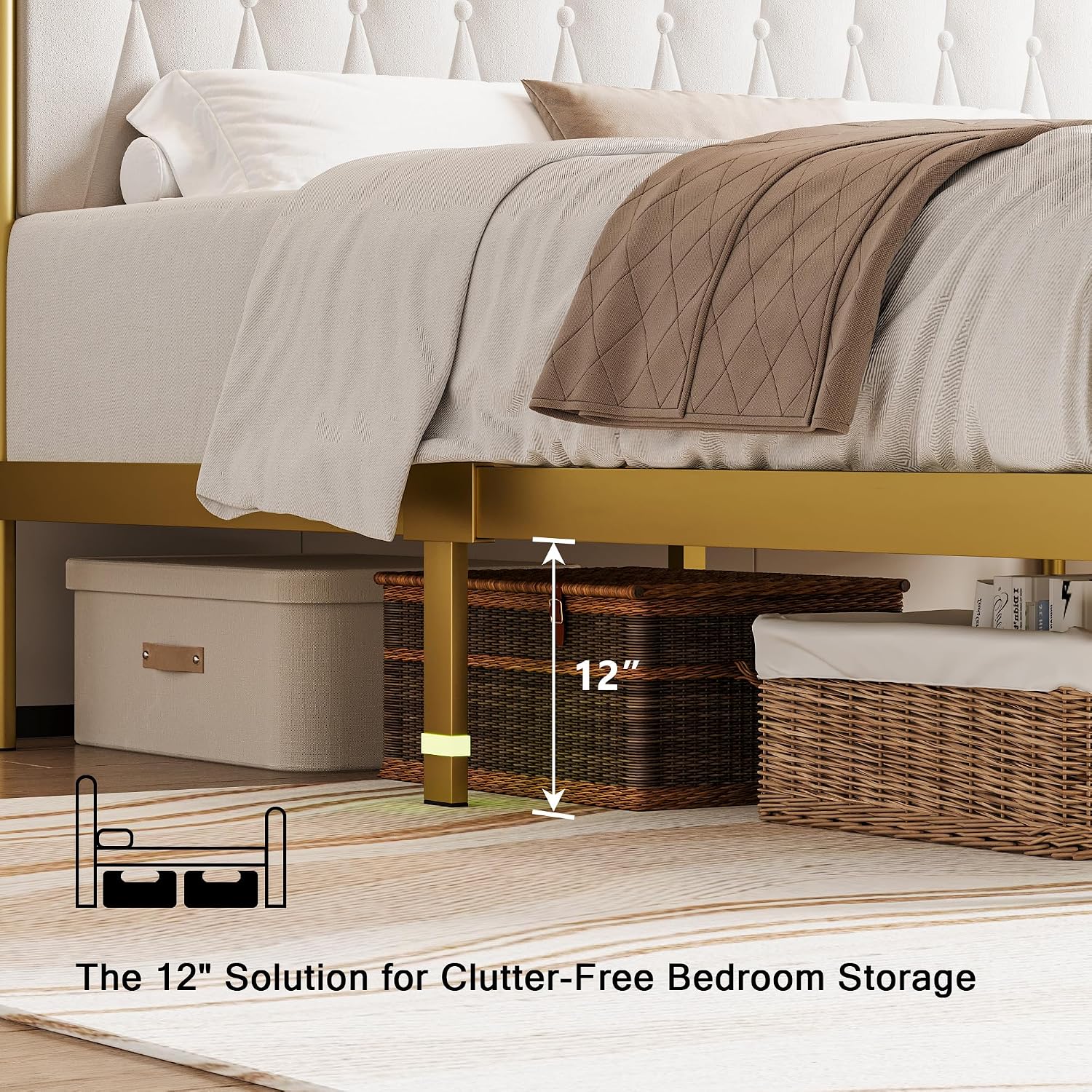 Einhomn Full Size Velvet Bed Frame with Charging Station, Platform Bed with Upholstered Storage Headboard & Footboard, 12' Underbed Space, Noise-Free, Easy Assembly, No Box Spring Needed, Beige
