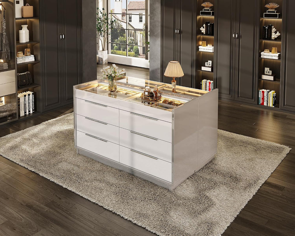 AMERLIFE 47.2' 8 Drawer Dresser with LED Light, Modern High Gloss Chest of Drawers with Glass Tabletop & 2 Six-Grid Jewelry Drawers, for Bedroom, Living Room, Dressing Room, Cream & Grey