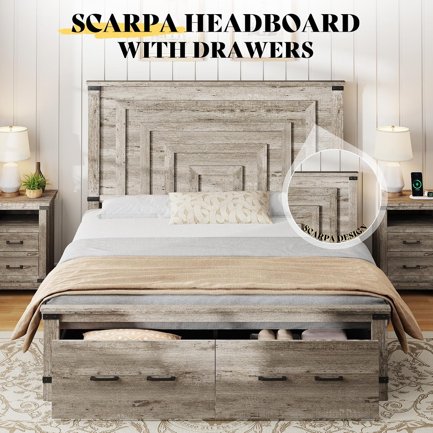 AMERLIFE Farmhouse Queen Bed Frame with 54' Tall Geometric Headboard & Footboard, Rustic Wood Platform Bed Frame with Large Storage Drawers, Wood Slats Support, No Box Spring Needed, Rustic Grey
