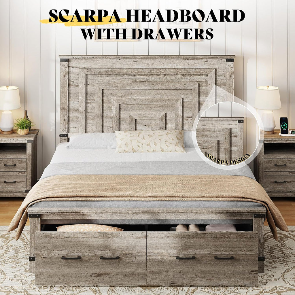 AMERLIFE Farmhouse Full Size Bed Frame with 54' Tall Geometric Headboard & Footboard, Rustic Wood Platform Bed Frame with Large Storage Drawers, Wood Slats Support, No Box Spring Needed, Rustic Grey