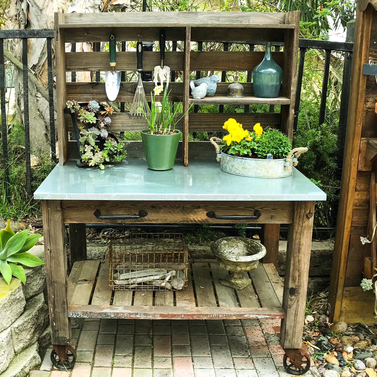 Potting Table Buffet Island Workbench Outdoor Patio Garden Furniture 5in Gold Metal Cast Iron Castors & Brakes