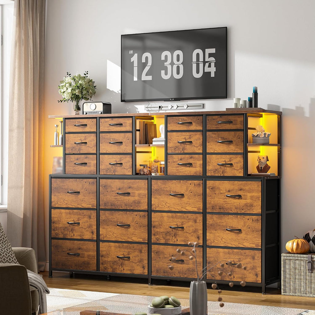 Dresser for Bedroom with 12 Drawers & LED Lights,4 Open Storage Shelves, Fabric Dressers & Chests of Drawers for Living Room, Entryway, Dorm, Wood Top,45.2' H x 35.4' W x 11.8' D, Rustic Brown
