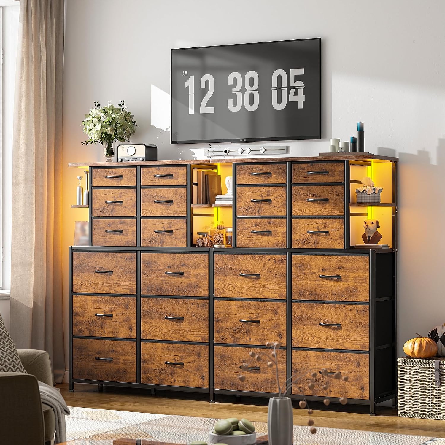 Dresser for Bedroom with 12 Drawers & LED Lights,4 Open Storage Shelves, Fabric Dressers & Chests of Drawers for Living Room, Entryway, Dorm, Wood Top,45.2' H x 35.4' W x 11.8' D, Rustic Brown