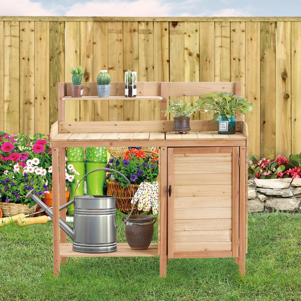 Outdoor Potting Bench Table with Sink and Storage Cabinet - Gardening Workstation for Patio and Lawn Organization with Sliding Tabletop and Tool Hooks