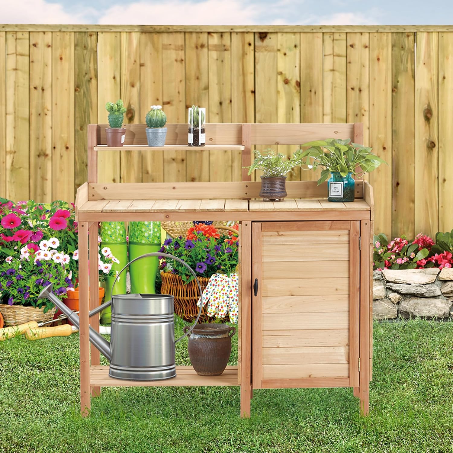 Outdoor Potting Bench Table with Sink and Storage Cabinet - Gardening Workstation for Patio and Lawn Organization with Sliding Tabletop and Tool Hooks
