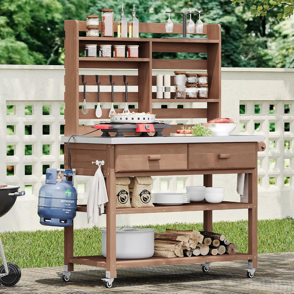 Harper & Bright Designs Outdoor Potting Bench Table, Solid Wood Kitchen Island with Drawer and Shelf, Lawn Garden, 64.9' H, Brown