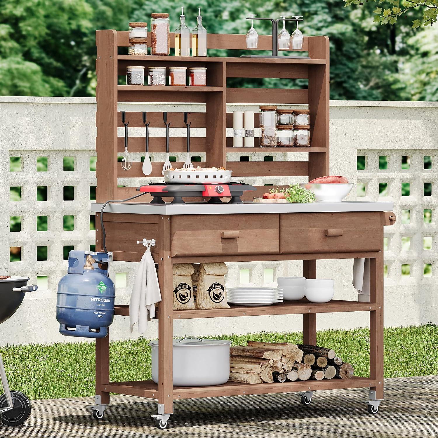 GOWE K&K 64.9' H Outdoor Potting Bench Table with Lockable Wheels, Solid Wood Outdoor Kitchen Island with Upper Hutch, Stainless Steel Top, Towel Rack,Outdoor Storage for Grilling, Lawn Garden -Brown