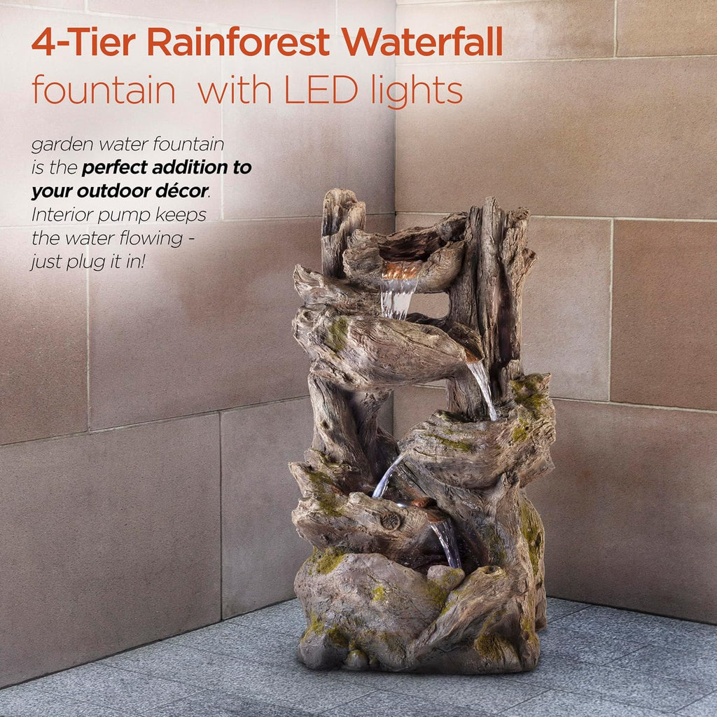 Alpine Corporation WIN794 Outdoor 5 Tier Rainforest Waterfall Fountain with LED Lights, 39' Tall, Brown