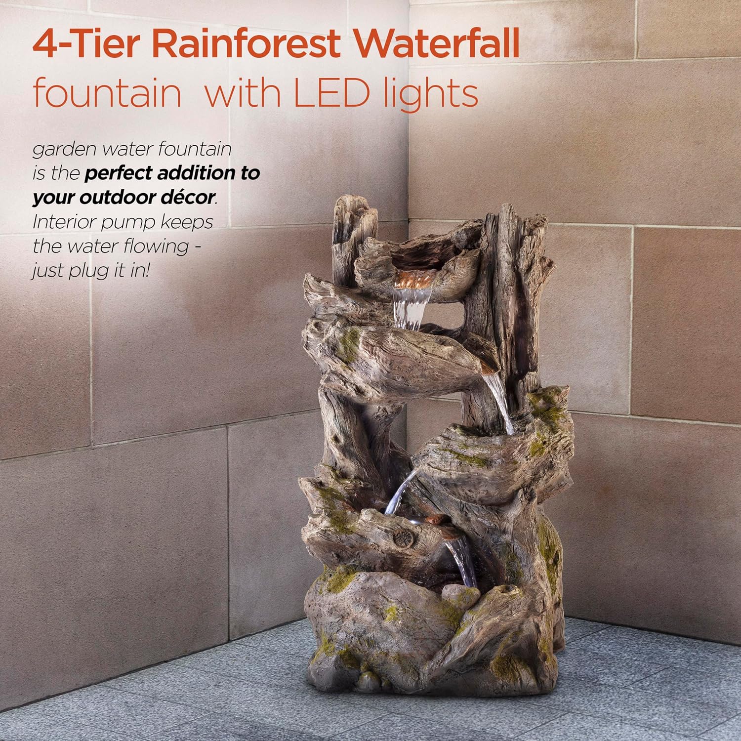 Alpine Corporation WIN794 Outdoor 5 Tier Rainforest Waterfall Fountain with LED Lights, 39' Tall, Brown