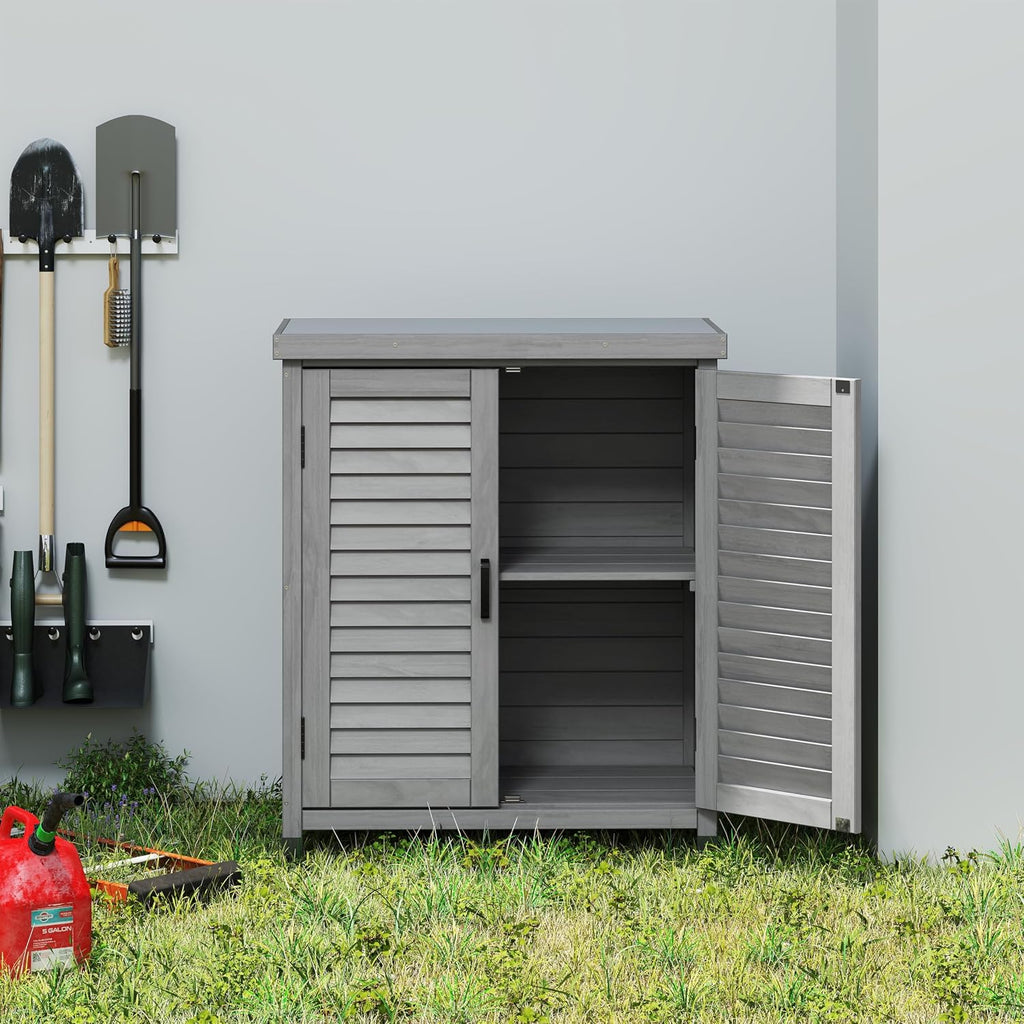 Potting Bench with Storage Cabinet and Metal Table Top for Outdoor Patio, GFurniture Wood Workstation Grey 31.5x17x36''