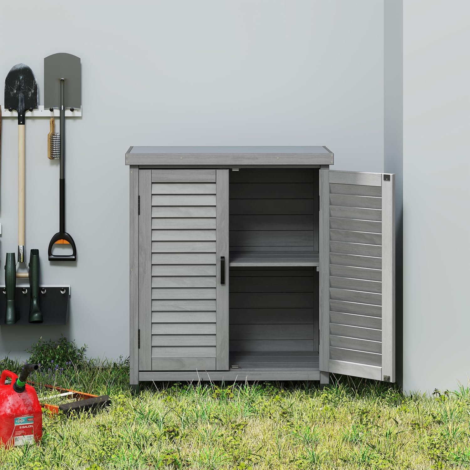 Potting Bench with Storage Cabinet and Metal Table Top for Outdoor Patio, GFurniture Wood Workstation Grey 31.5x17x36''