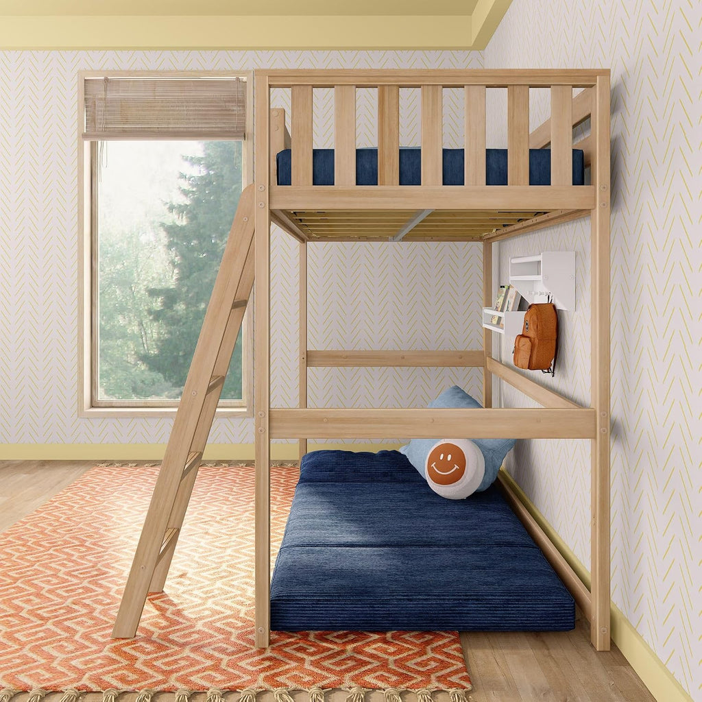 Max & Lily Scandinavian Twin Loft Bed - Modern Solid Wood Kids' High Loft with 14' Guard Rails, Angled Ladder with Anti-Slip setps, 400-lb Capacity, Easy Assembly, Blonde