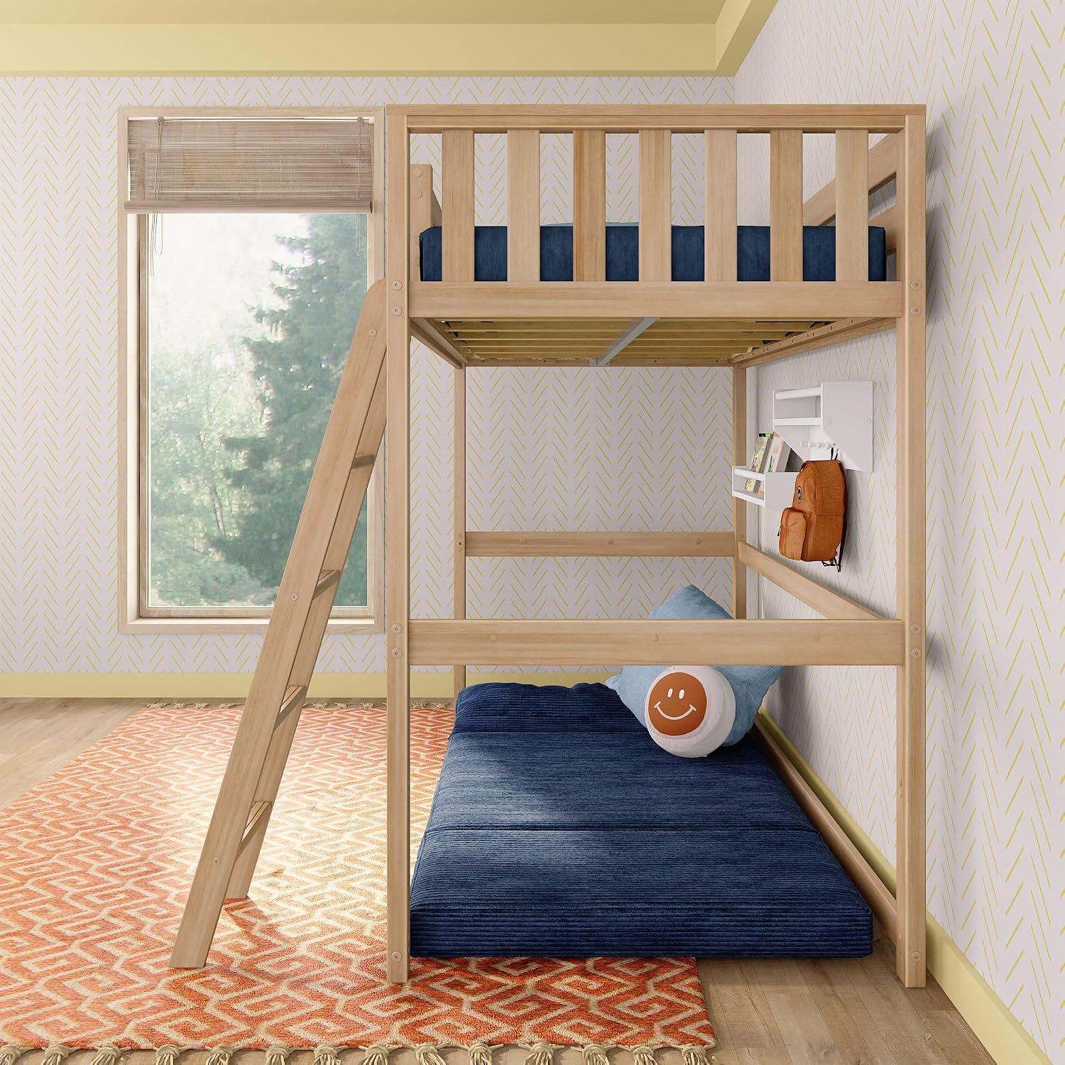 Max & Lily Scandinavian Twin Loft Bed - Modern Solid Wood Kids' High Loft with 14' Guard Rails, Angled Ladder with Anti-Slip setps, 400-lb Capacity, Easy Assembly, Blonde