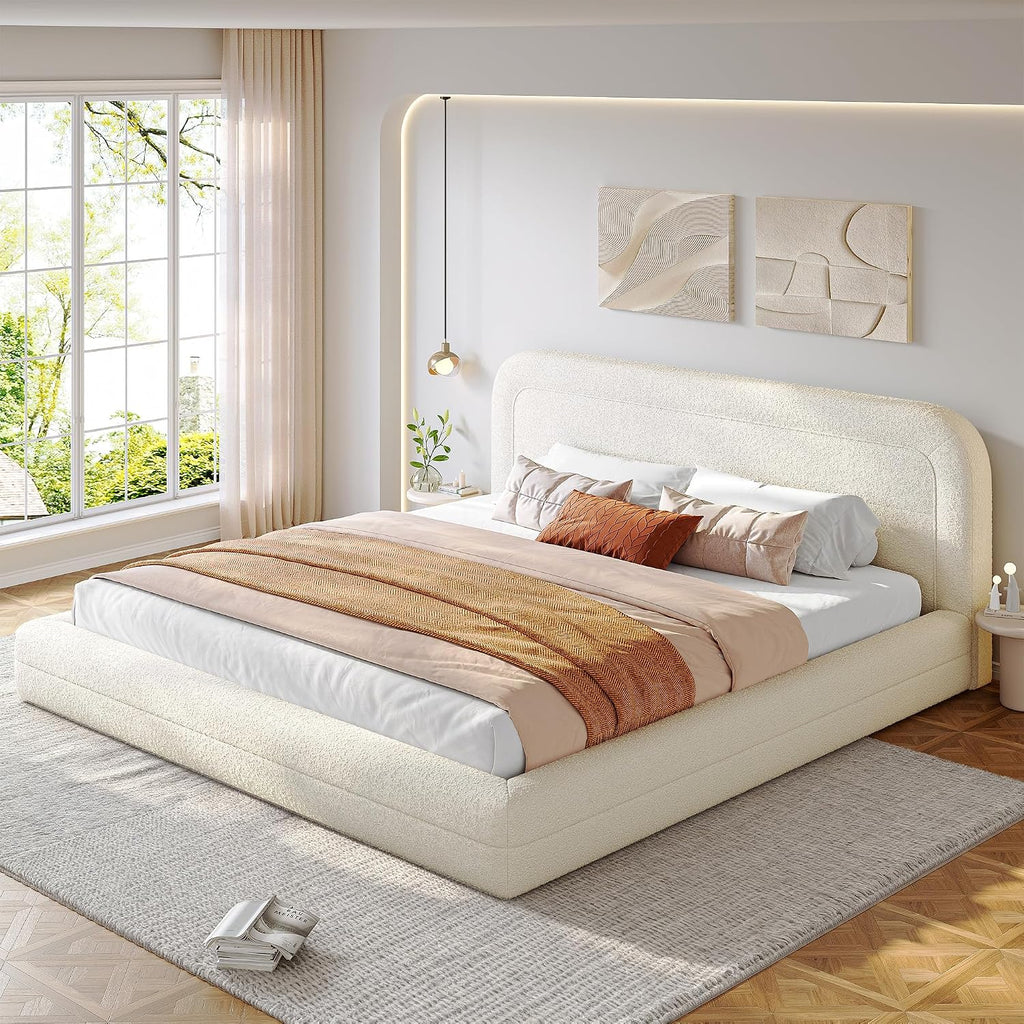 Homkdom Cloud Bed Frame and Headboard, Upholstered Soft King Size Bed Frame with Round Edges, Boucle Platform Bed for Apartments & Master Rooms & Guest Rooms, No Box Spring Needed,Beige
