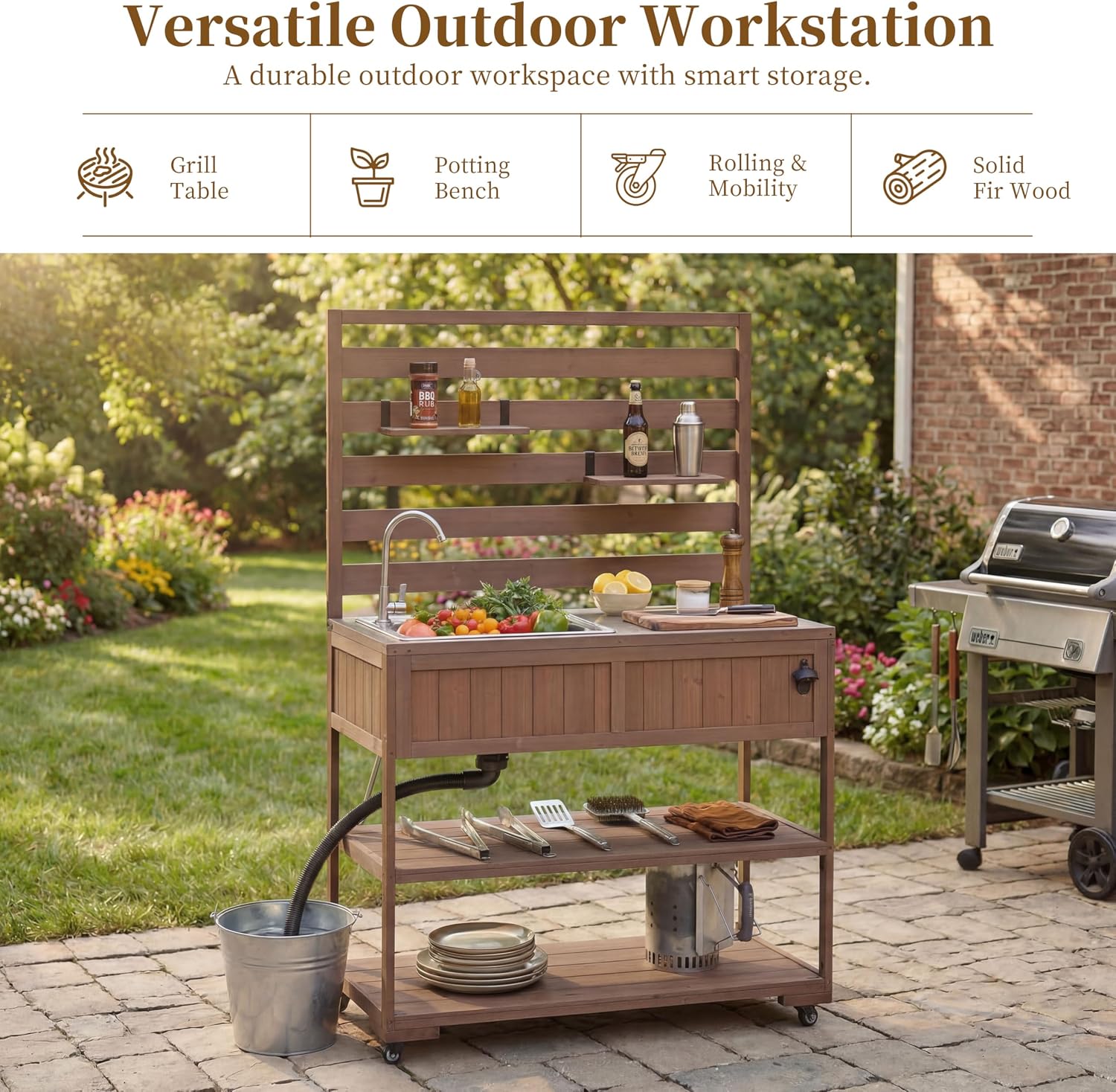 41.7'' Large Patio Rolling Kitchen Island,Solid Wood Kitchen Cart with Sink,Garden Potting Bench with Stainless Table Top,2 Movable Shelves and 1 Bottle Opener (Brown-RK)