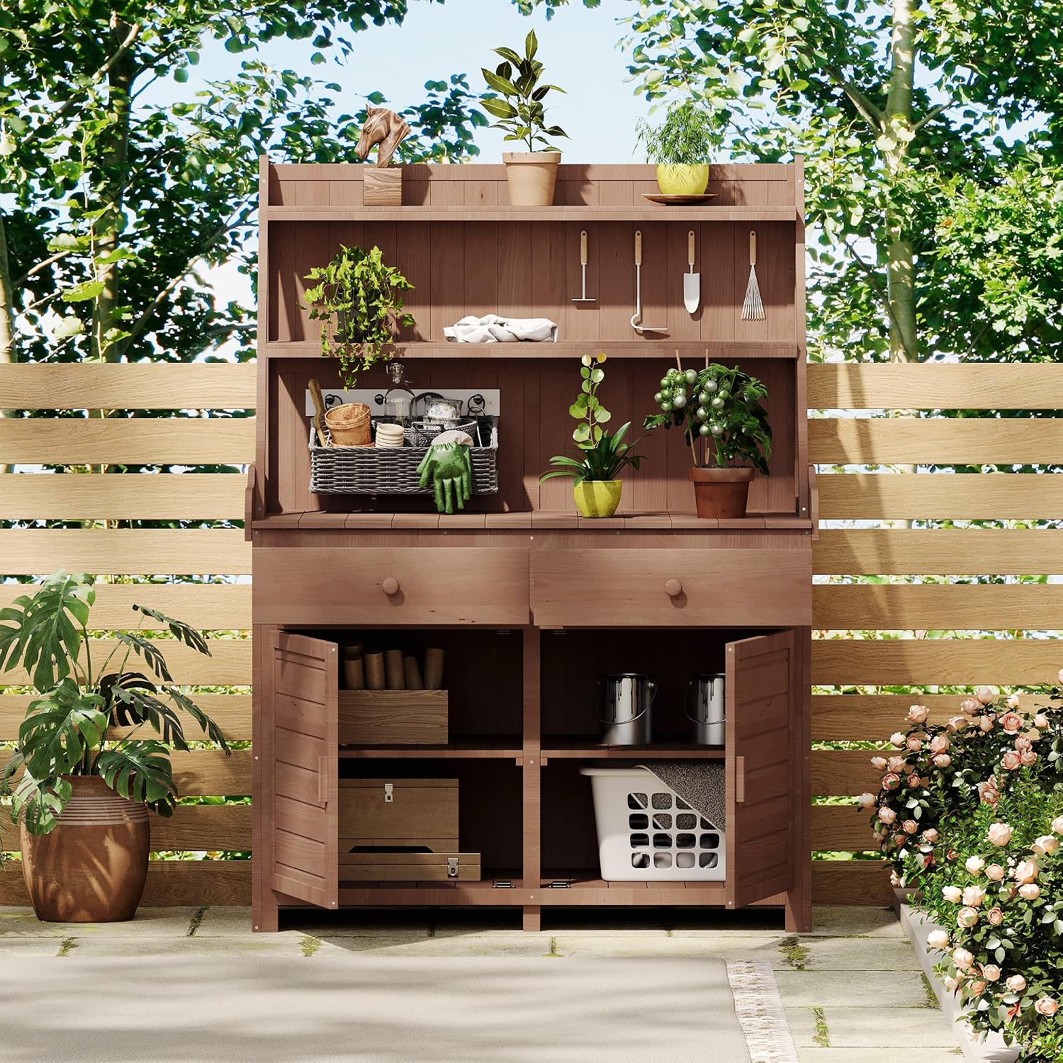 CIATRE 65-Inch Rustic Fir Wood Garden Potting Bench Table with Storage Shelf, Drawers, Cabinet & Assembly Video - Ideal for Outdoor Gardening - Enhanced Stability & Storage Solutions