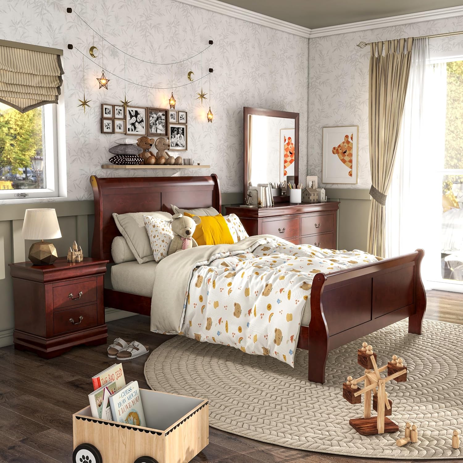 Furniture of America Louis Philippe Traditional Solid Wood 4 Piece Bedroom Set, Full Bed Frame, Nightstand, and Dresser with Mirror, Bedframe with Headboard and Footboard, Box Spring Needed, Cherry