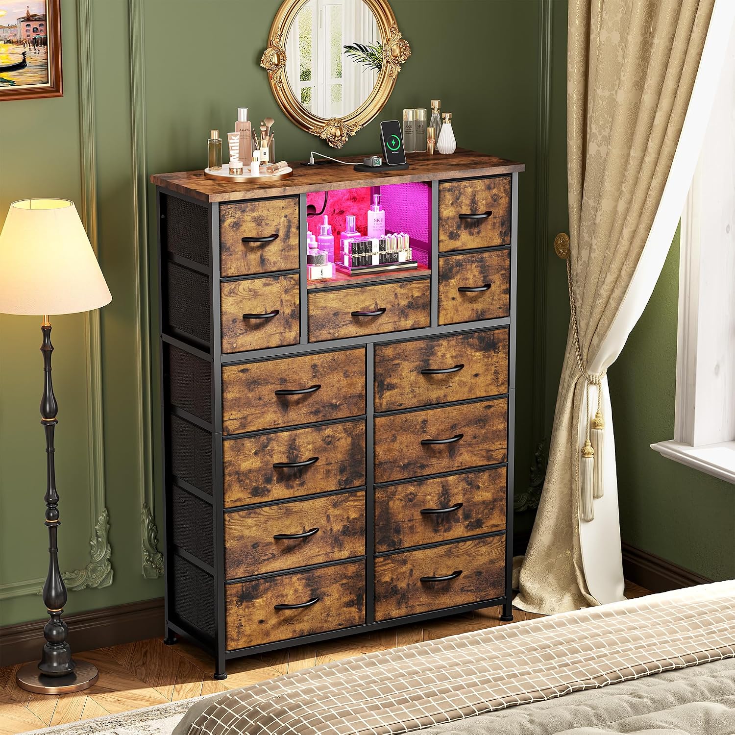 Romorgniz Dresser for Bedroom with 13 Fabric Drawers, Dressers with LED & 4 Charging Ports, 47''H Chest of Drawers with Open Storage Shelves for Hallway, Entryway, Rustic Brown