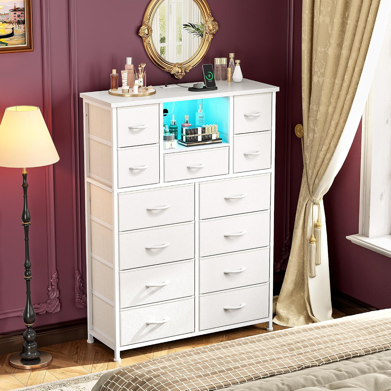 Romorgniz Dresser for Bedroom with 13 Fabric Drawers, White Dresser with LED and 4 Charging Ports and Open Shelves, 47''H Chest of Drawers for Entryway, Hallway