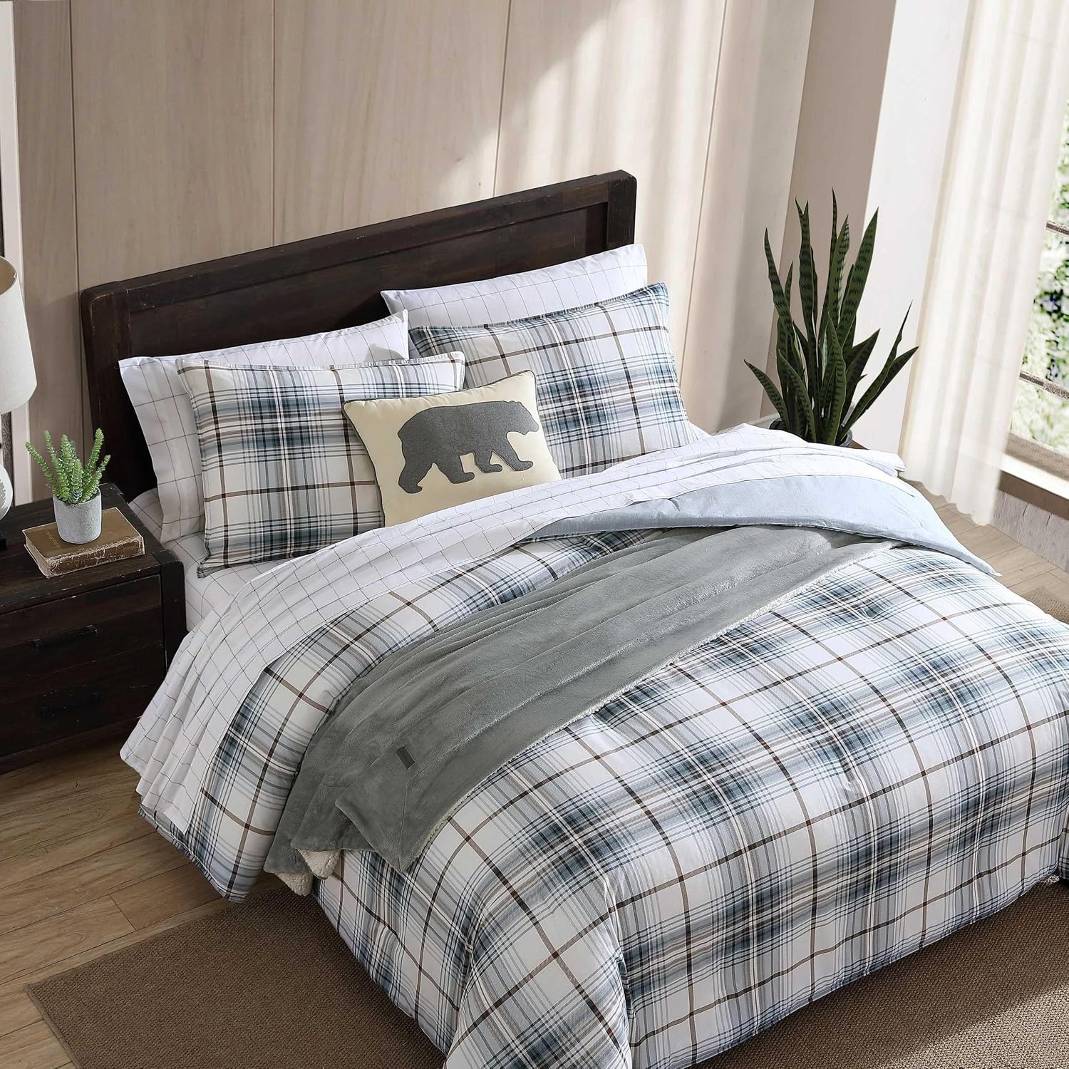 Eddie Bauer - King Comforter Set, Reversible Cotton Bedding with Matching Shams, Plaid Home Decor (Alder Blue/Grey, King)