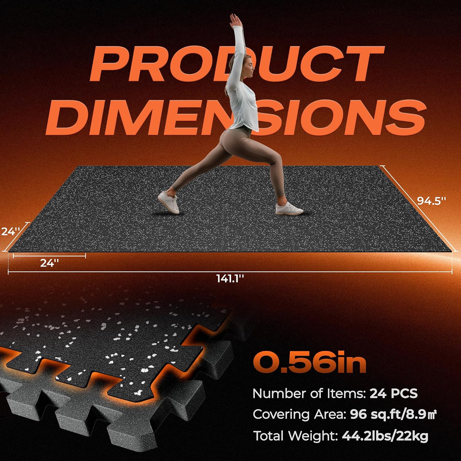 SUPERJARE 0.56'' Thick 24 Pcs 96 Sq Ft Rubber Top Exercise Equipment Mats, High Density EVA Foam Mats with Rubber Top, Interlocking Gym Flooring for Home Gym, Protective Workout Mat, Black/Grey