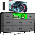 EnHomee Dresser for Bedroom with LED Lights & Charging Station, Dresser TV Stand for Bedroom with 8 Drawer for 55 inch TV, Fabric Dressers & Chests of Drawers with Shelves for Hallway Entryway, Grey