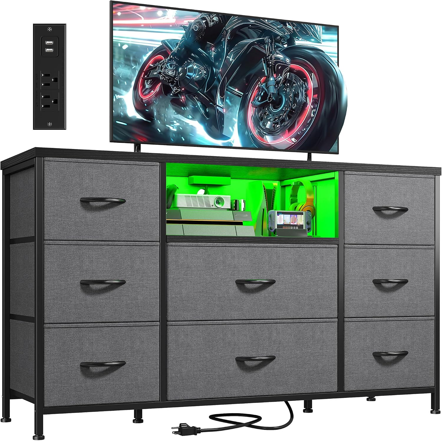 EnHomee Dresser for Bedroom with LED Lights & Charging Station, Dresser TV Stand for Bedroom with 8 Drawer for 55 inch TV, Fabric Dressers & Chests of Drawers with Shelves for Hallway Entryway, Grey